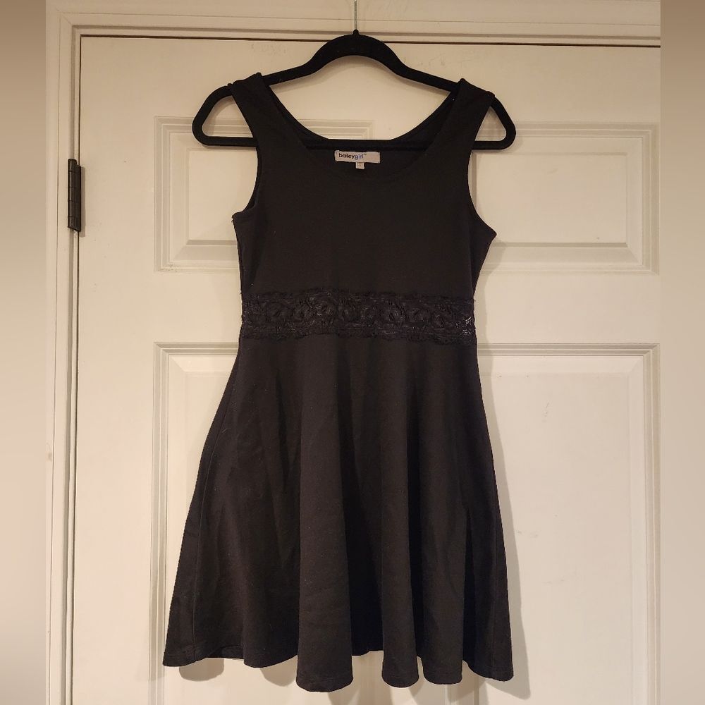 Stretchy black fit and flare dress with lace mid section L